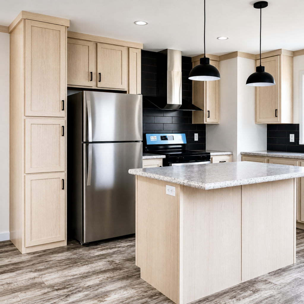 Bright modern home kitchen with light wood cabinetry and a center island